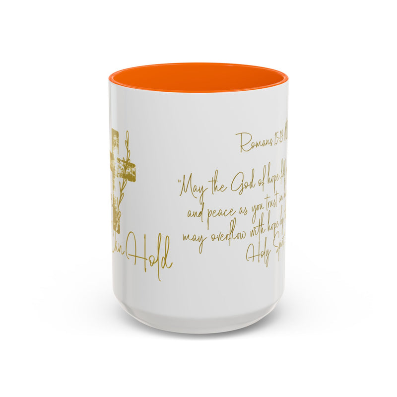 Christian Scripture Coffee Mug – Romans 15:13 Gold Calligraphy Accent Mug (11/15oz)
