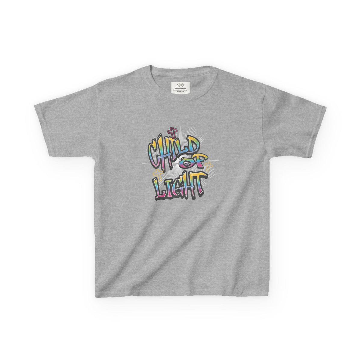Kids 'Child of Light' Graphic Tee — Colorful Hand-Lettered 'Cherished' Back Design