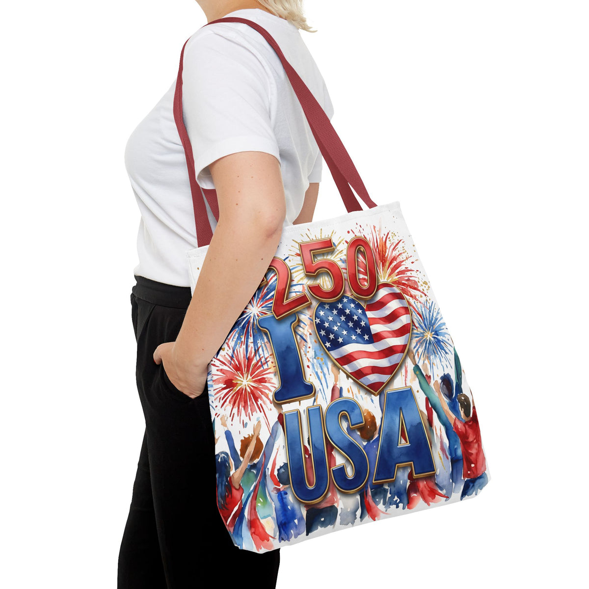 USA 250 Celebration Tote Bag — I Love USA Fireworks Patriotic Shopper