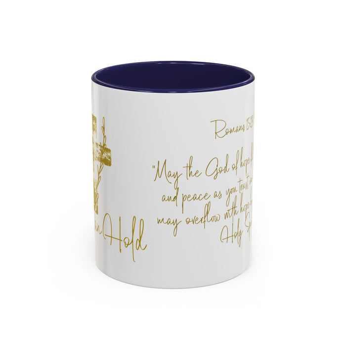 Christian Scripture Coffee Mug – Romans 15:13 Gold Calligraphy Accent Mug (11/15oz)