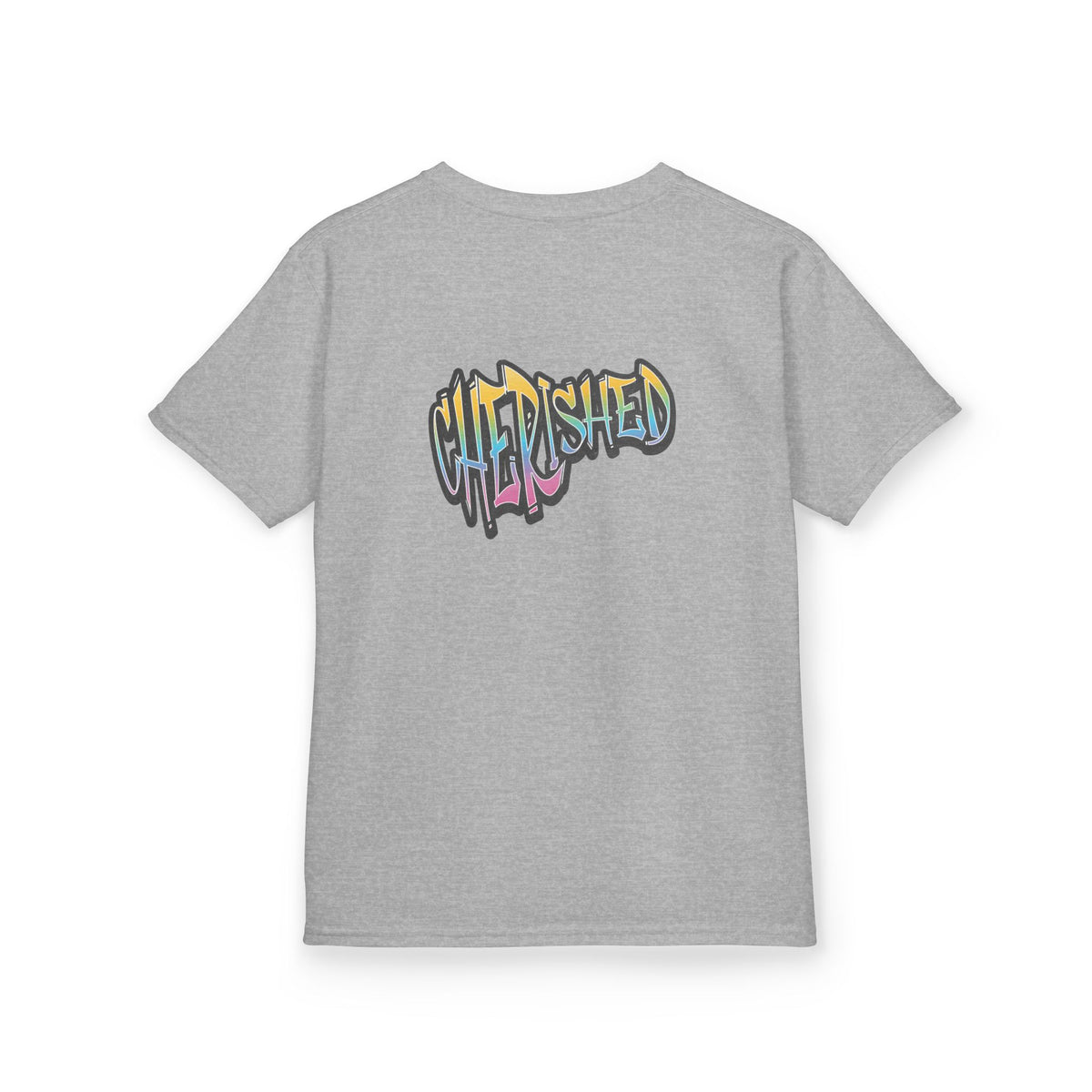 Kids 'Child of Light' Graphic Tee — Colorful Hand-Lettered 'Cherished' Back Design