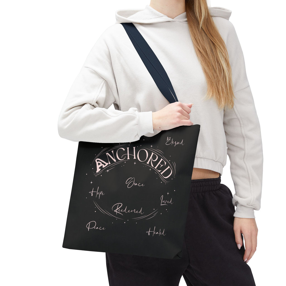 Anchored Inspirational Tote Bag — 'Anchored' Script Design