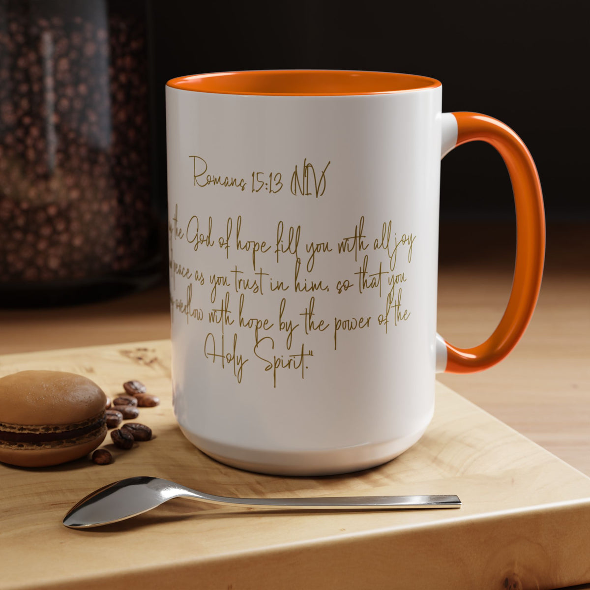 Christian Scripture Coffee Mug – Romans 15:13 Gold Calligraphy Accent Mug (11/15oz)