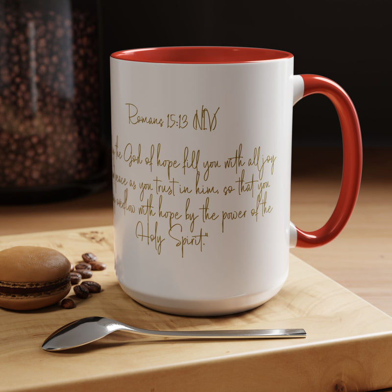 Christian Scripture Coffee Mug – Romans 15:13 Gold Calligraphy Accent Mug (11/15oz)