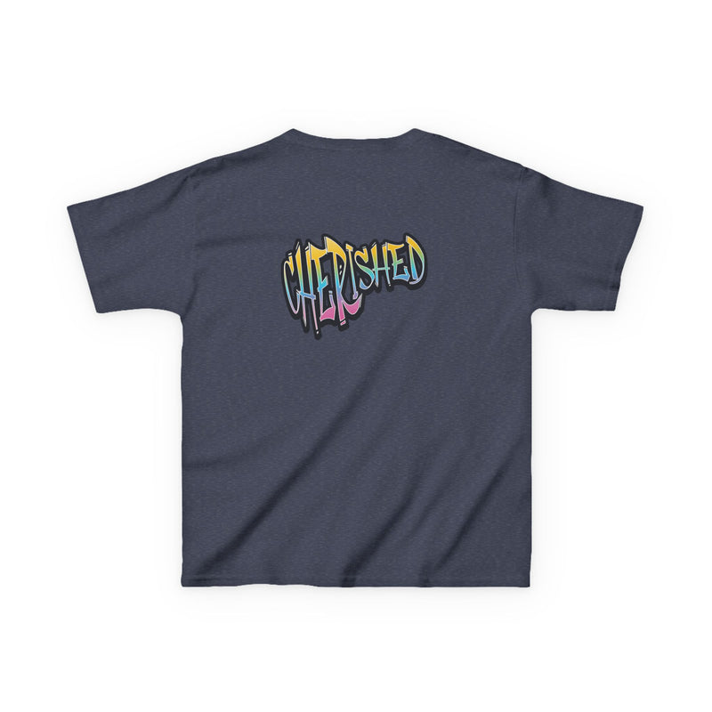 Kids 'Child of Light' Graphic Tee — Colorful Hand-Lettered 'Cherished' Back Design