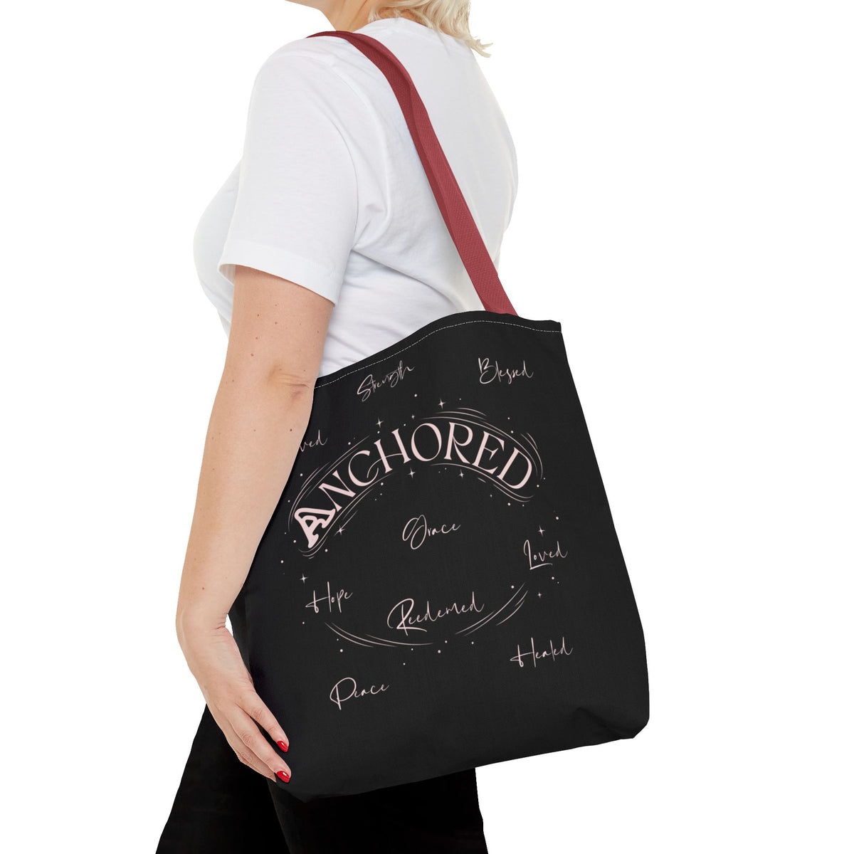 Anchored Inspirational Tote Bag — 'Anchored' Script Design