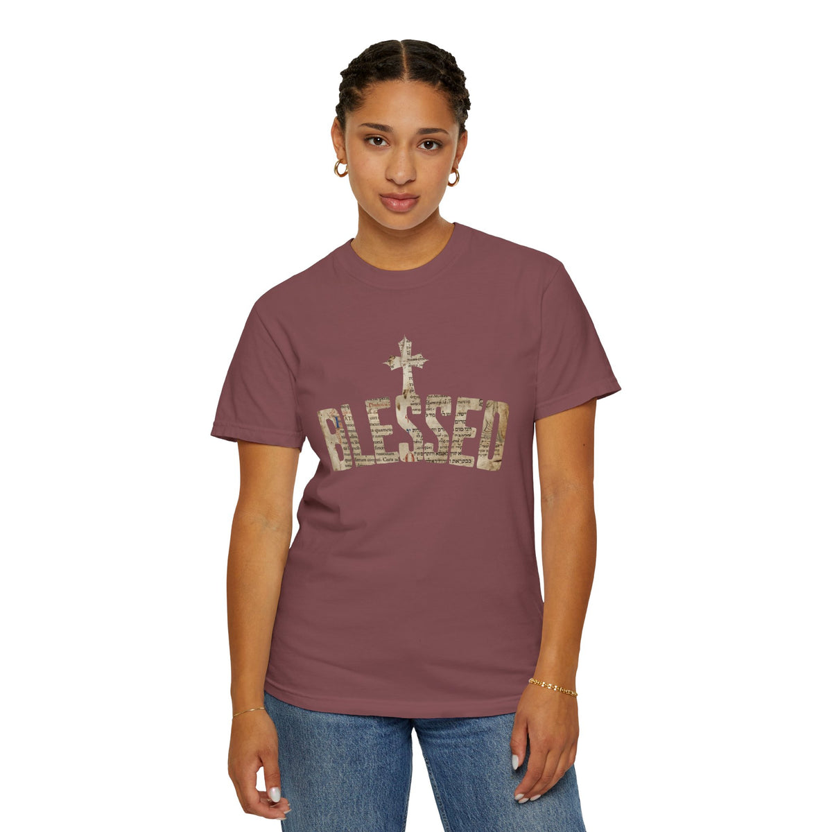 Blessed Cross T-Shirt — Christian Graphic Tee (Vintage Camouflage Lettering)