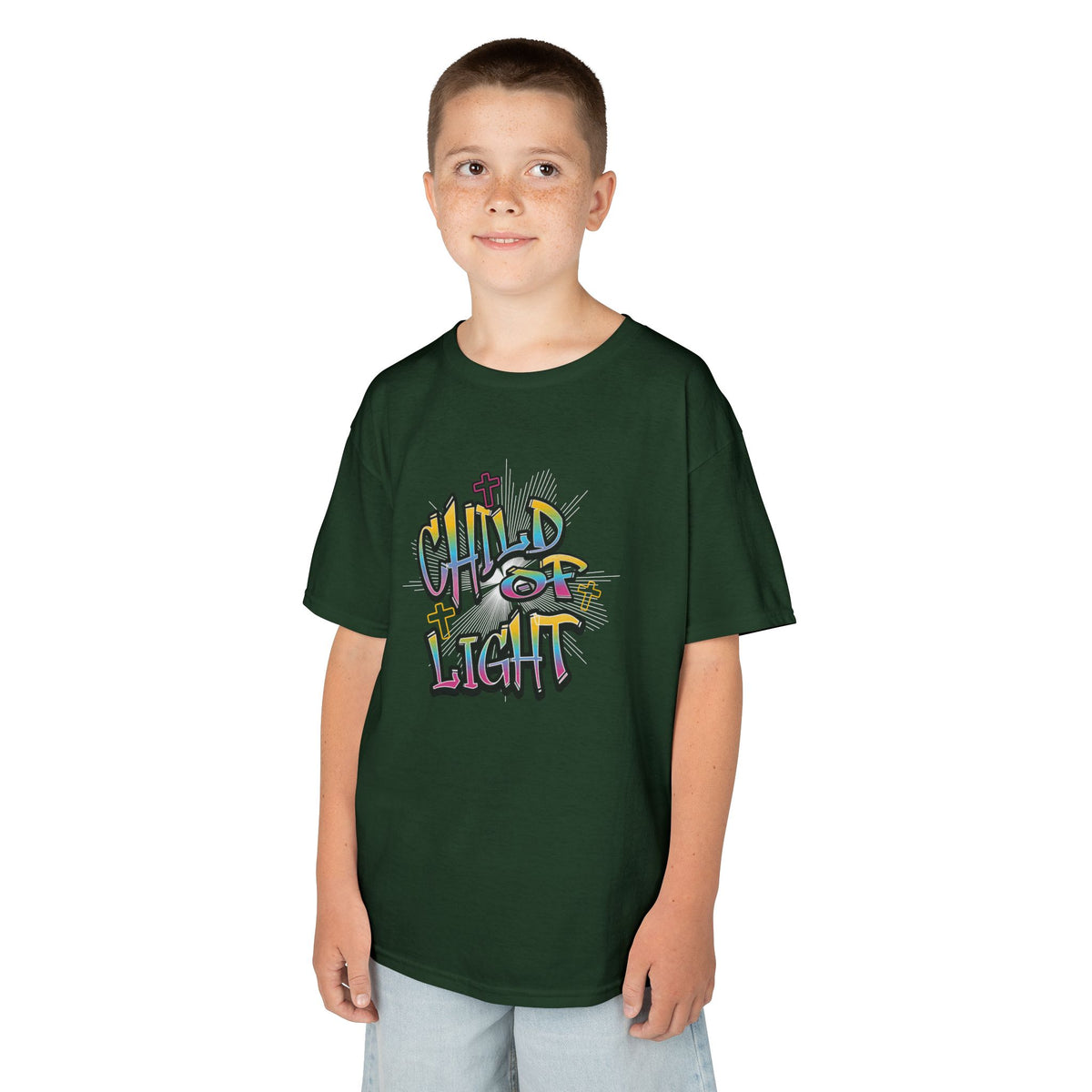 Kids 'Child of Light' Graphic Tee — Colorful Hand-Lettered 'Cherished' Back Design