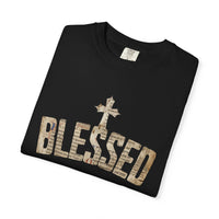 Blessed Cross T-Shirt — Christian Graphic Tee (Vintage Camouflage Lettering)