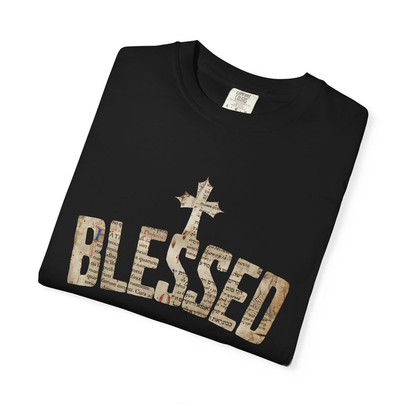 Blessed Cross T-Shirt — Christian Graphic Tee (Vintage Camouflage Lettering)