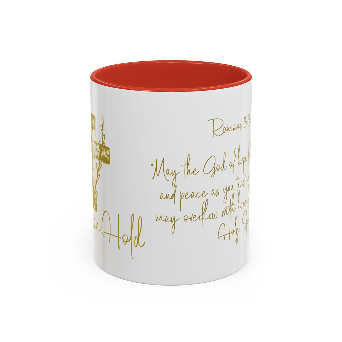 Christian Scripture Coffee Mug – Romans 15:13 Gold Calligraphy Accent Mug (11/15oz)