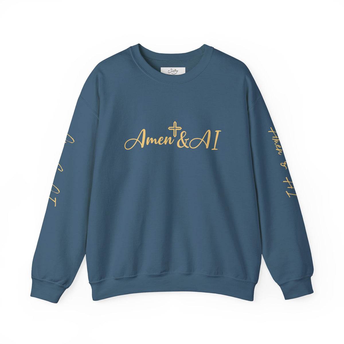 Christian AI Crewneck Sweatshirt - "Amen & AI" Gold Script, "Powered by Prayer, Driven by Data"