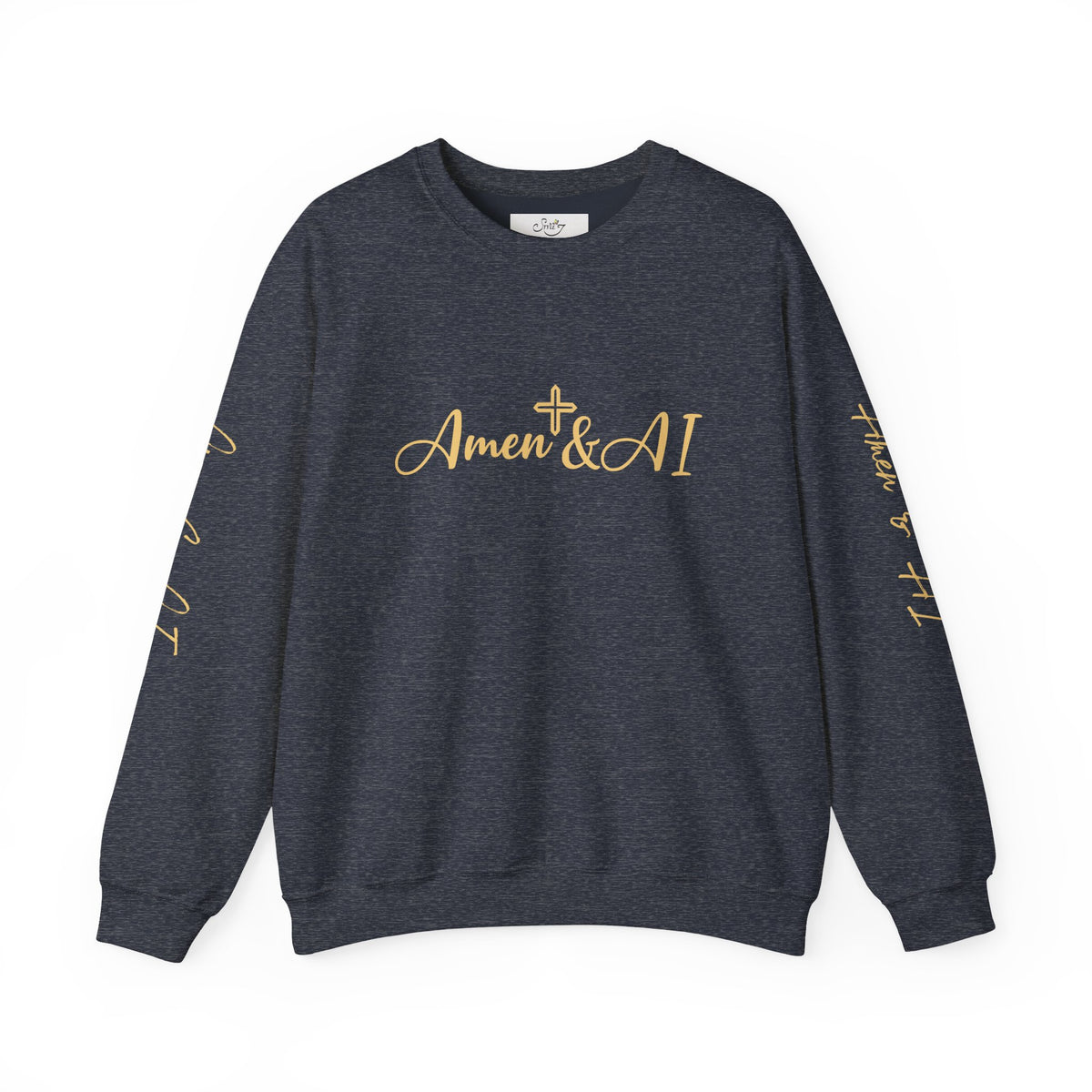 Christian AI Crewneck Sweatshirt - "Amen & AI" Gold Script, "Powered by Prayer, Driven by Data"