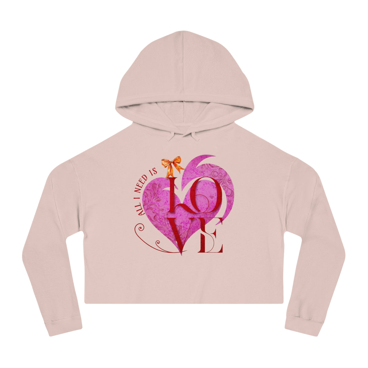 Love Heart Cropped Hoodie — "All I Need Is Love" Women's Valentine Sweatshirt