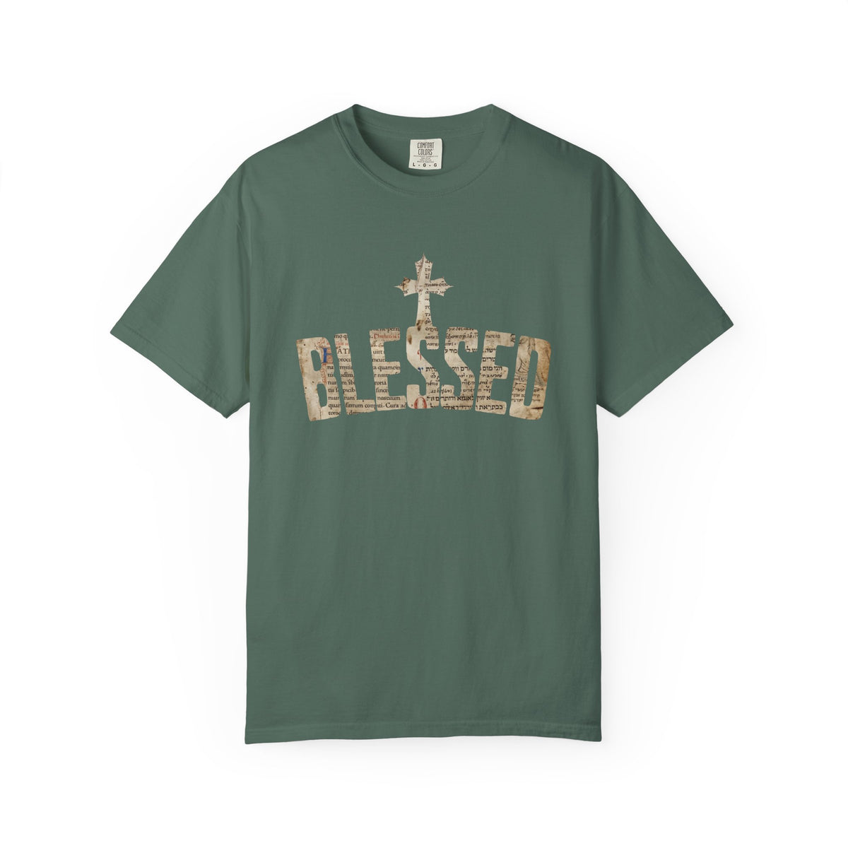 Blessed Cross T-Shirt — Christian Graphic Tee (Vintage Camouflage Lettering)