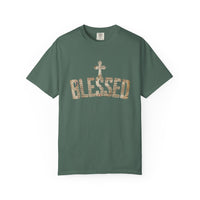 Blessed Cross T-Shirt — Christian Graphic Tee (Vintage Camouflage Lettering)