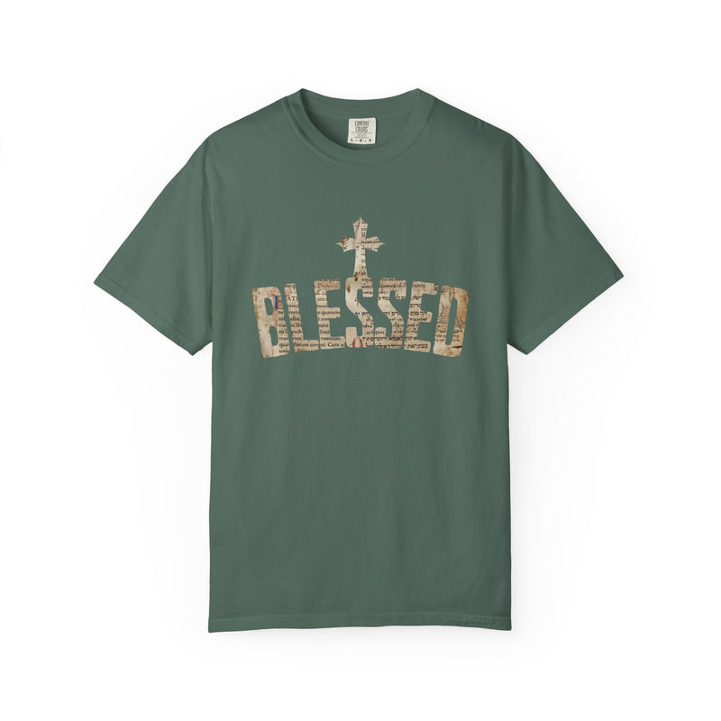 Blessed Cross T-Shirt — Christian Graphic Tee (Vintage Camouflage Lettering)