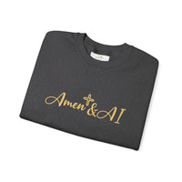 Christian AI Crewneck Sweatshirt - "Amen & AI" Gold Script, "Powered by Prayer, Driven by Data"