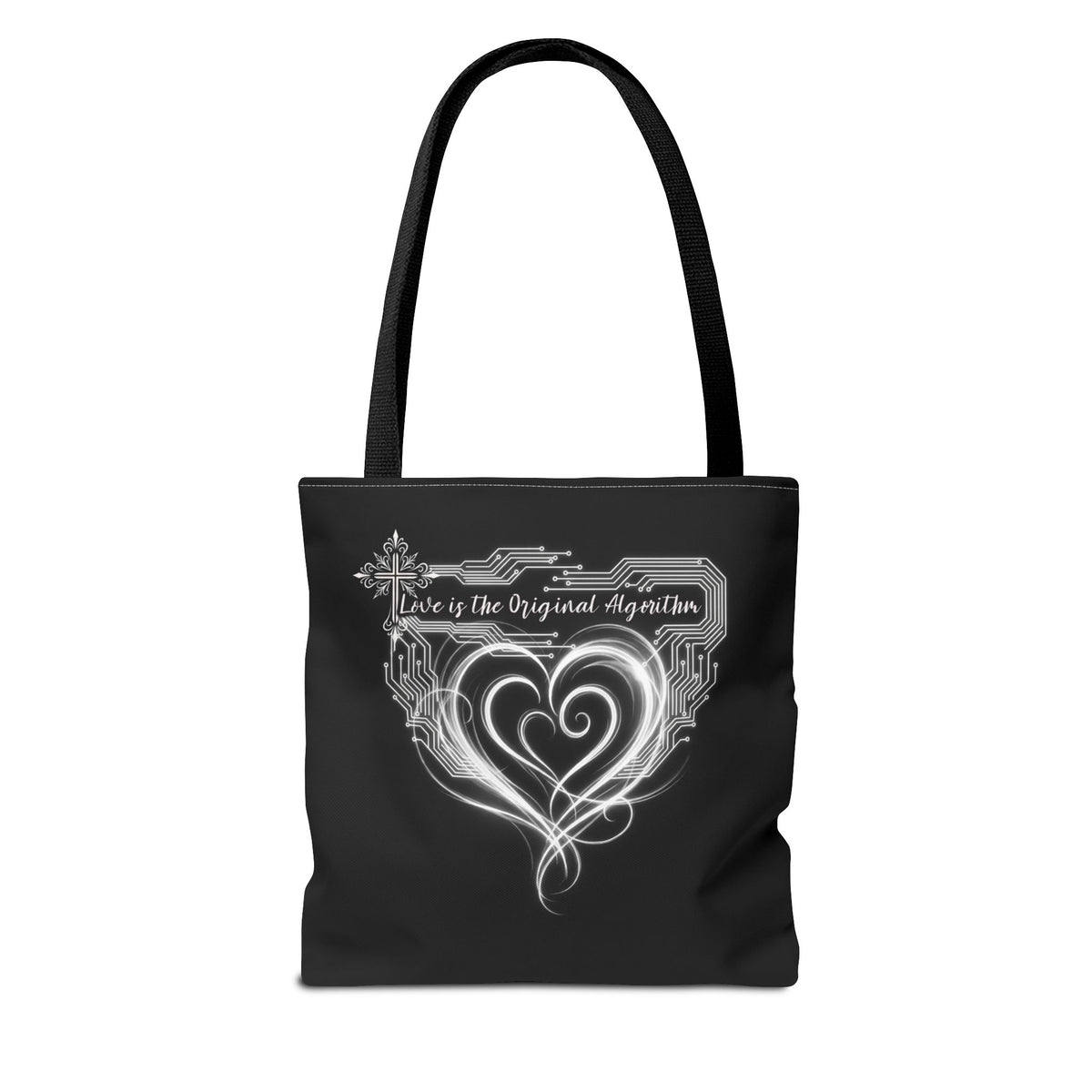 Black Heart Art Tote — "Love is the Original Algorithm" All-Over Print Tote Bag