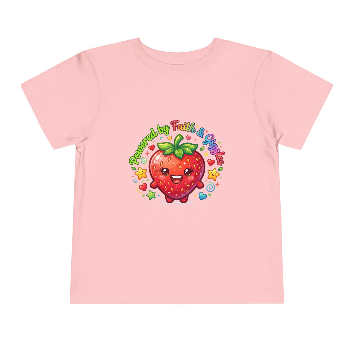 Toddler Tee — Cute Kawaii Strawberry "Powered by Faith & Giggles" Kids Shirt