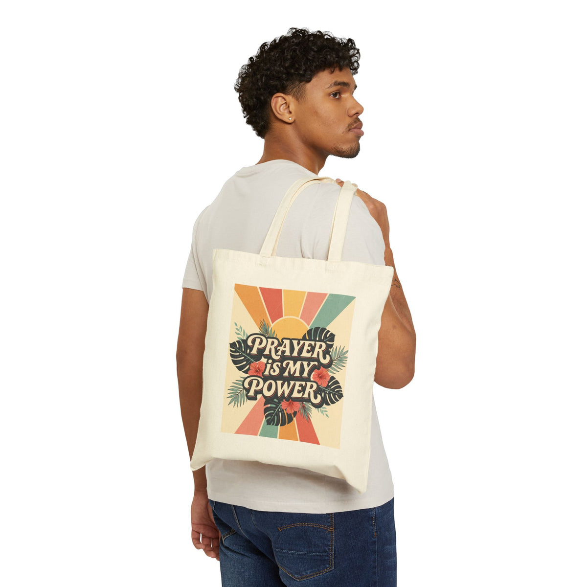 Prayer Is My Power Canvas Tote — Retro Sunburst Faith Tote Bag