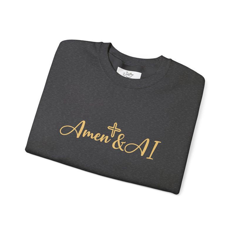 Christian AI Crewneck Sweatshirt - "Amen & AI" Gold Script, "Powered by Prayer, Driven by Data"