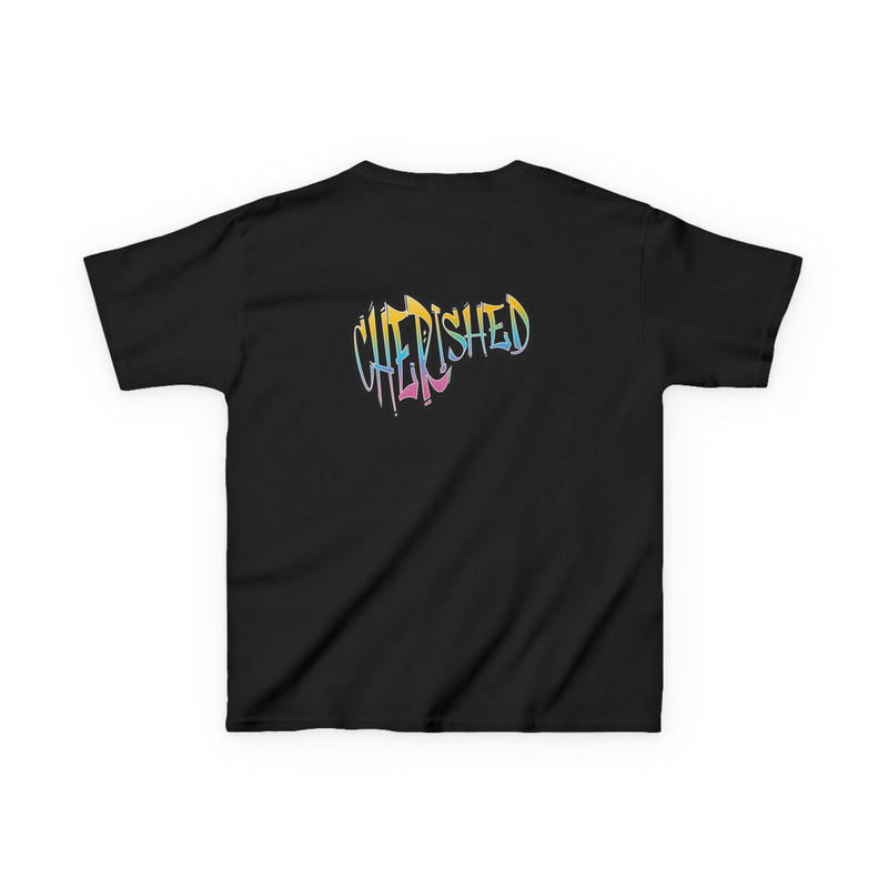 Kids 'Child of Light' Graphic Tee — Colorful Hand-Lettered 'Cherished' Back Design