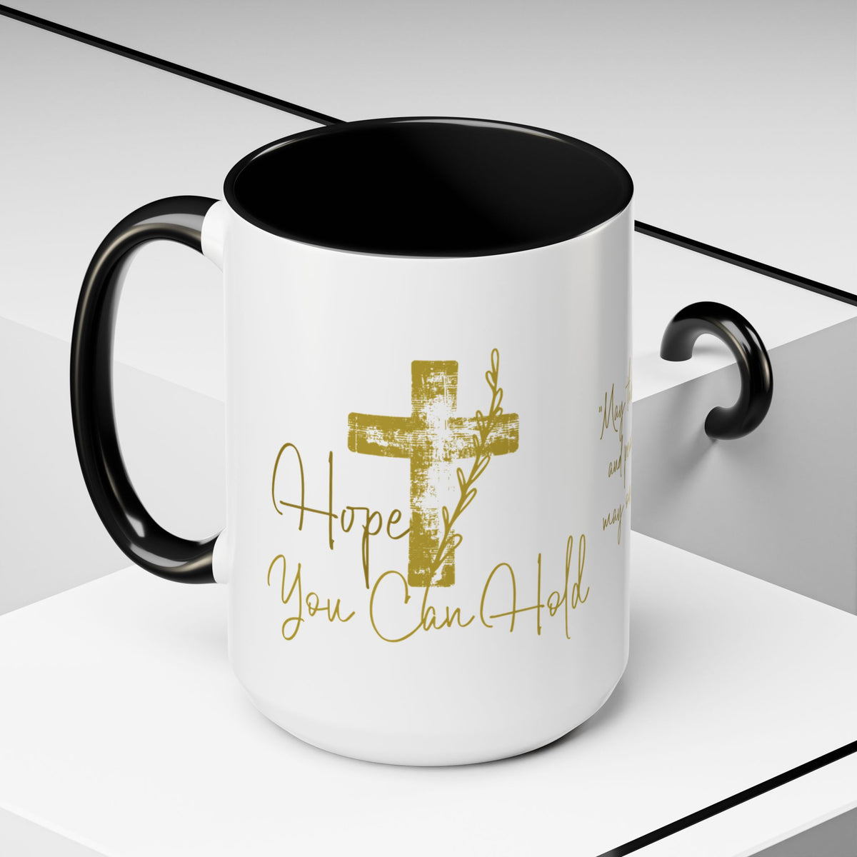 Christian Scripture Coffee Mug – Romans 15:13 Gold Calligraphy Accent Mug (11/15oz)