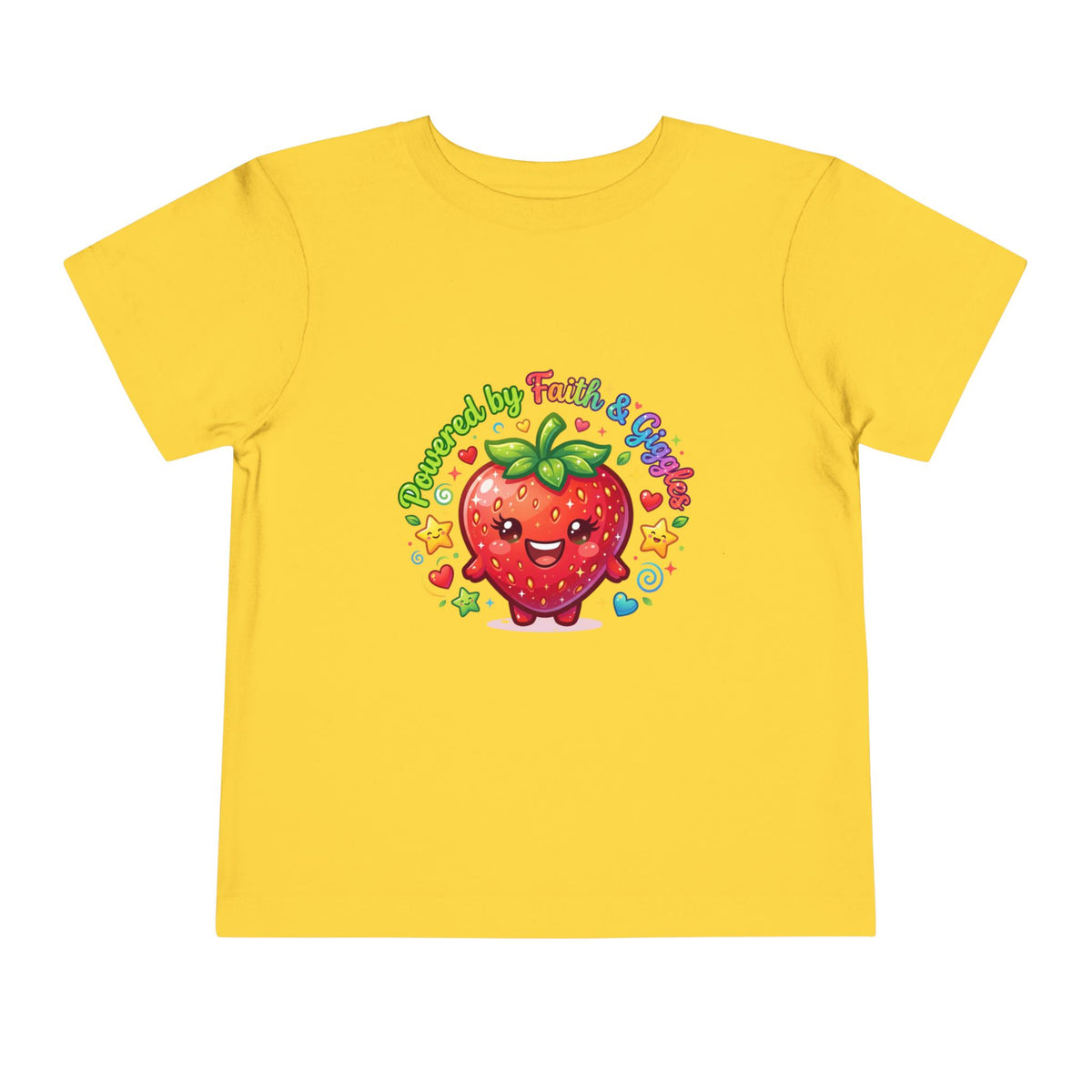 Toddler Tee — Cute Kawaii Strawberry "Powered by Faith & Giggles" Kids Shirt
