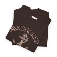 Anchored Faith T-Shirt — "Anchored" Calligraphy with Faith, Hope & Grace