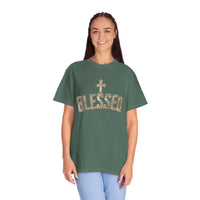 Blessed Cross T-Shirt — Christian Graphic Tee (Vintage Camouflage Lettering)