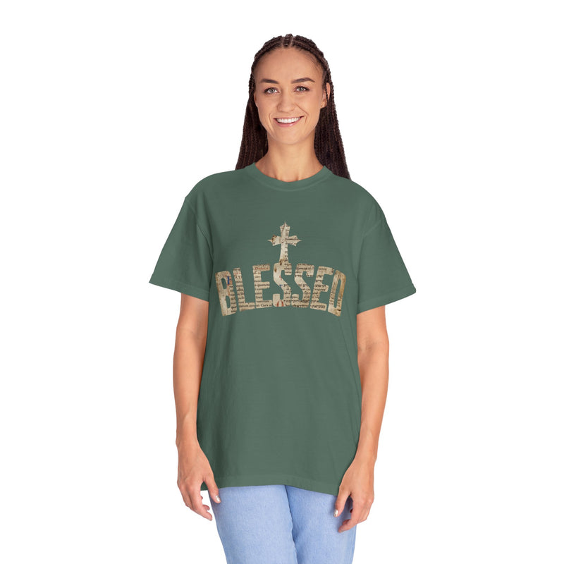 Blessed Cross T-Shirt — Christian Graphic Tee (Vintage Camouflage Lettering)