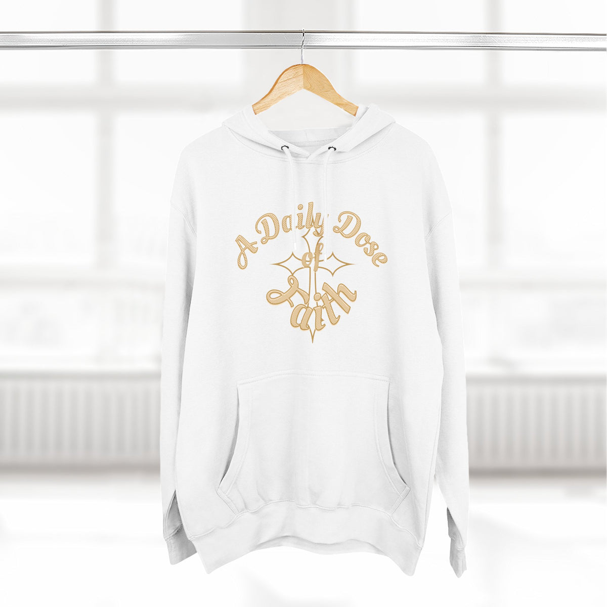 Faith Script Fleece Hoodie — "A Daily Dose of Faith" Gold Script, Back "He Is Always Faithful"