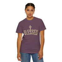 Blessed Cross T-Shirt — Christian Graphic Tee (Vintage Camouflage Lettering)