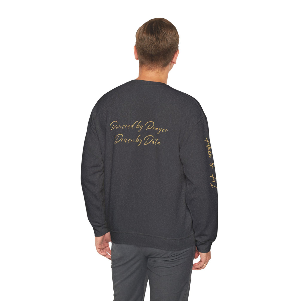 Christian AI Crewneck Sweatshirt - "Amen & AI" Gold Script, "Powered by Prayer, Driven by Data"