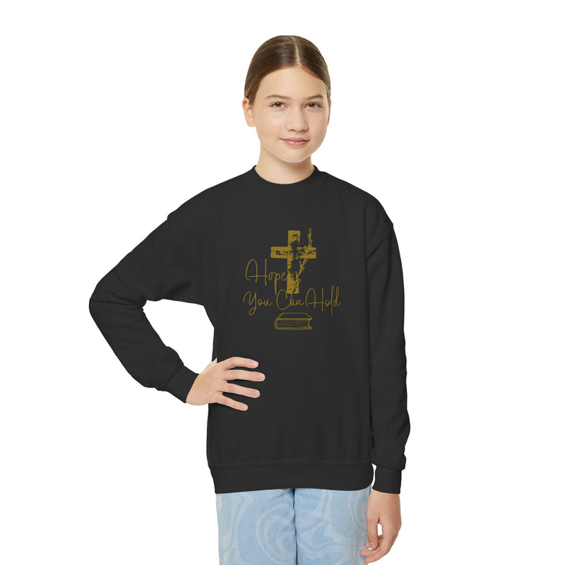 Youth Crewneck Sweatshirt - Gold Glitter Cross “Hope You Can Hold” Christian Tee