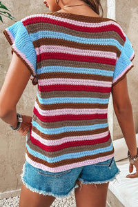 Ruffled Striped V-Neck Cap Sleeve Knit Top