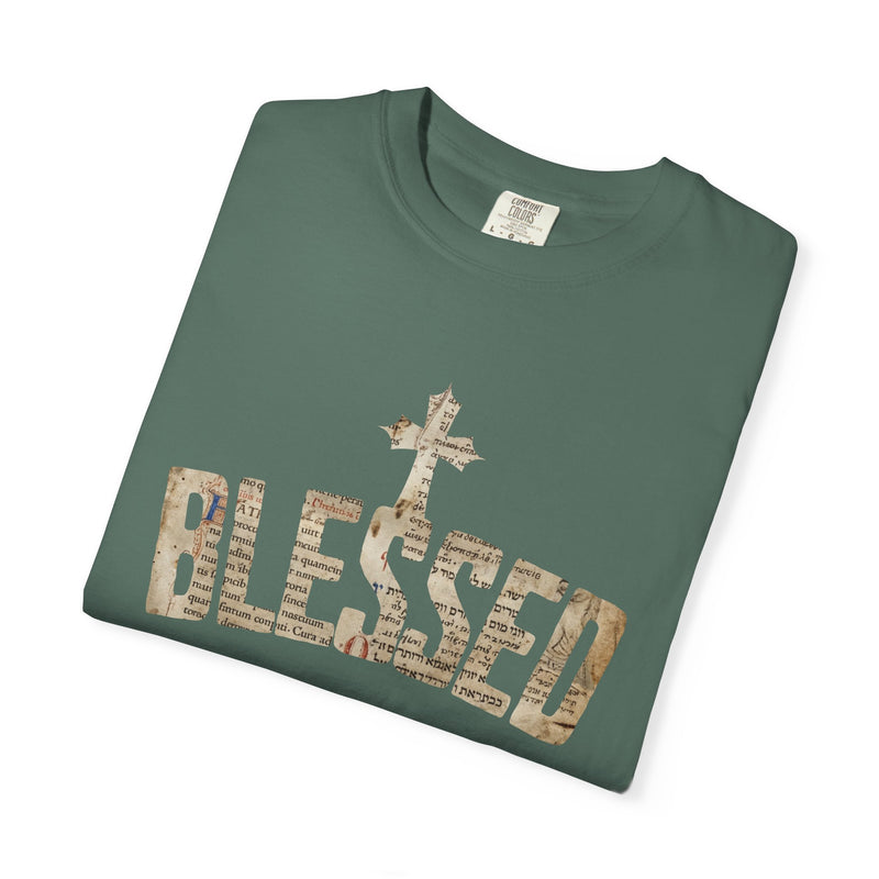 Blessed Cross T-Shirt — Christian Graphic Tee (Vintage Camouflage Lettering)