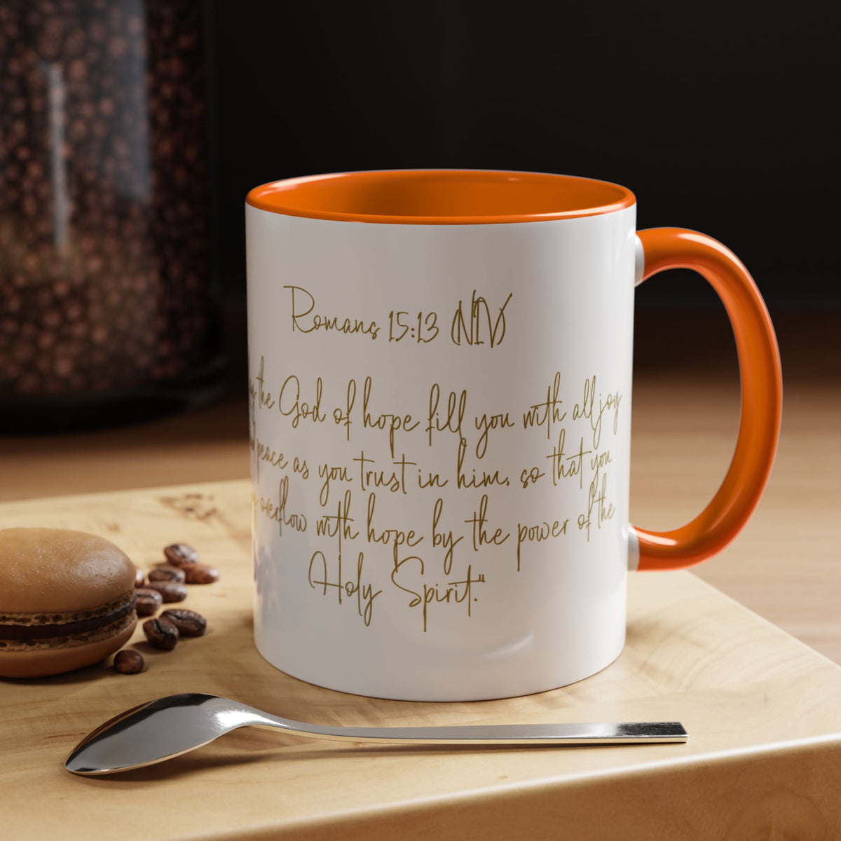 Christian Scripture Coffee Mug – Romans 15:13 Gold Calligraphy Accent Mug (11/15oz)