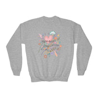 Youth Crewneck Sweatshirt — Cute Heart & Floral "Faith-Based. Love-Fueled. AI-Powered." Design