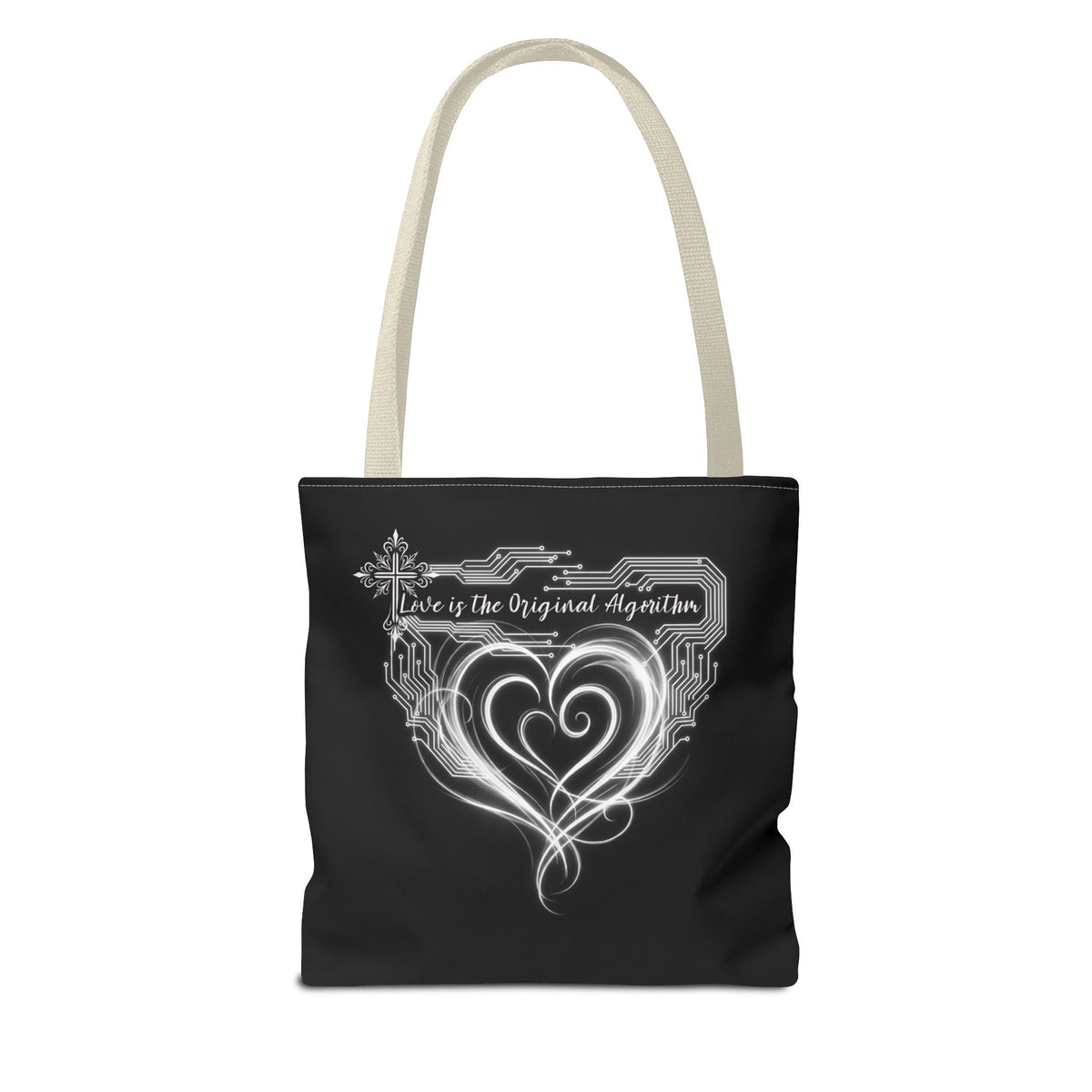 Black Heart Art Tote — "Love is the Original Algorithm" All-Over Print Tote Bag