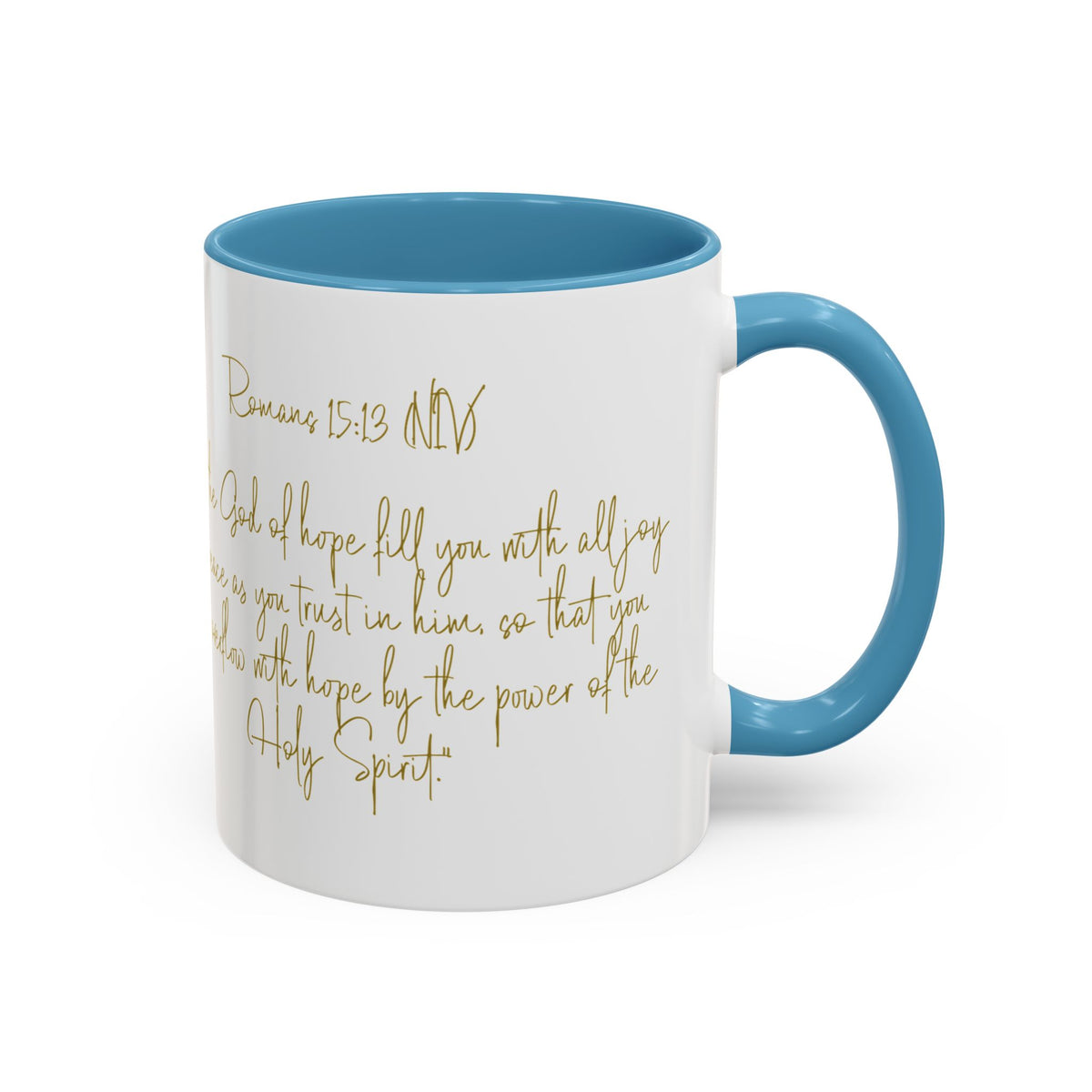 Christian Scripture Coffee Mug – Romans 15:13 Gold Calligraphy Accent Mug (11/15oz)