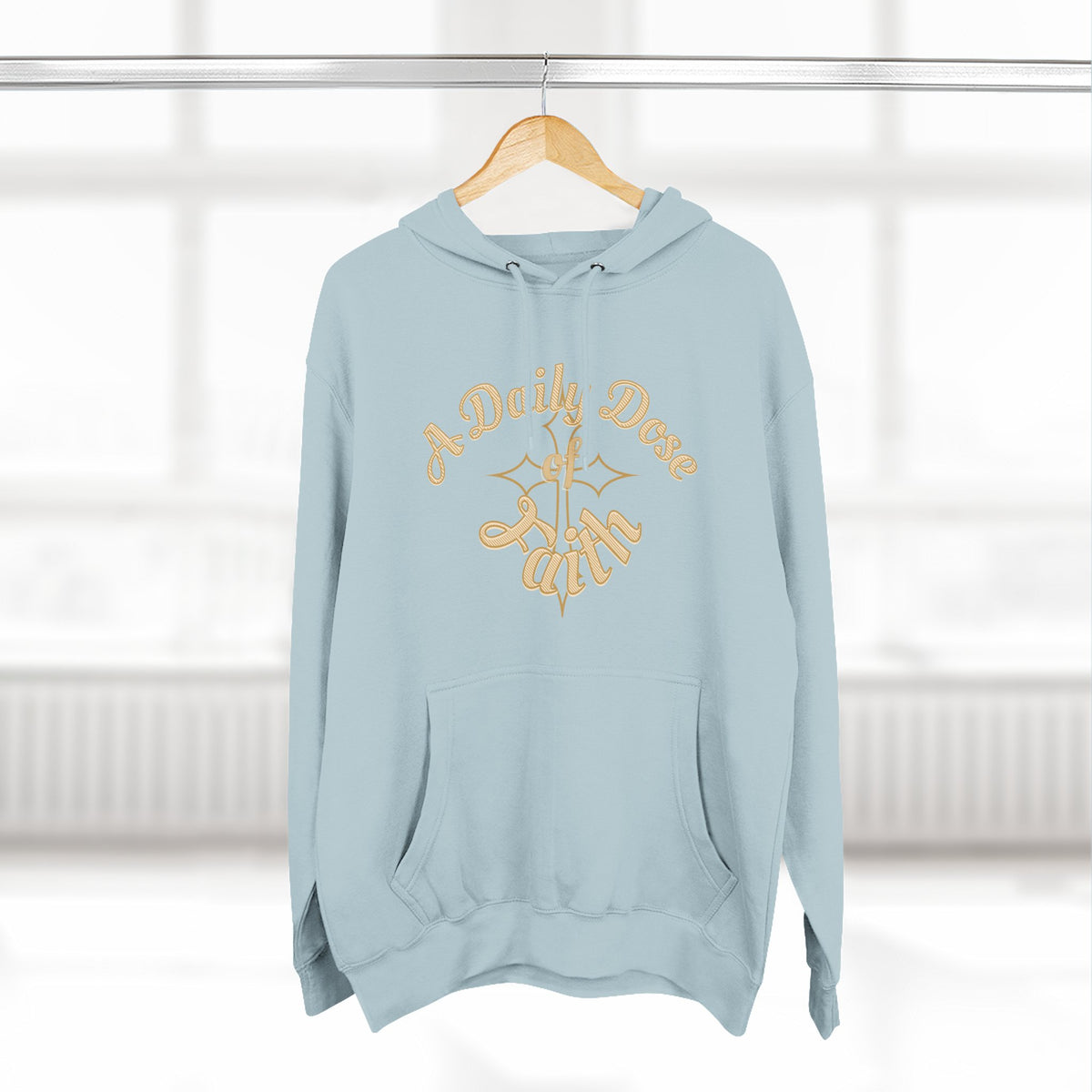 Faith Script Fleece Hoodie — "A Daily Dose of Faith" Gold Script, Back "He Is Always Faithful"