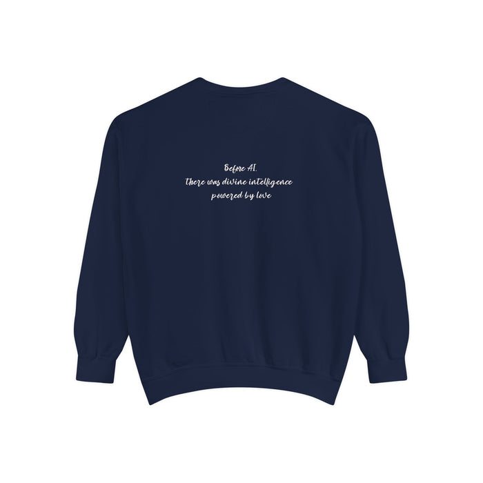 Faith Cross Sweatshirt — "Love is the Original Algorithm" Christian Crewneck