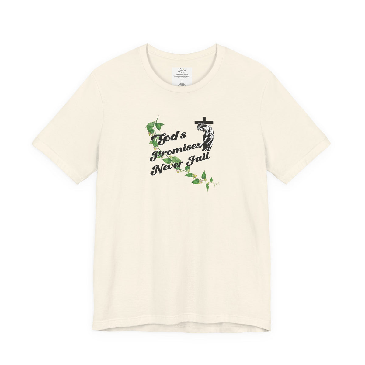Faith T-Shirt — "God's Promises Never Fail" Christian Tee with Cross & Olive Branch Design