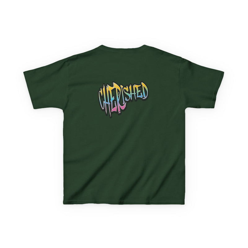 Kids 'Child of Light' Graphic Tee — Colorful Hand-Lettered 'Cherished' Back Design