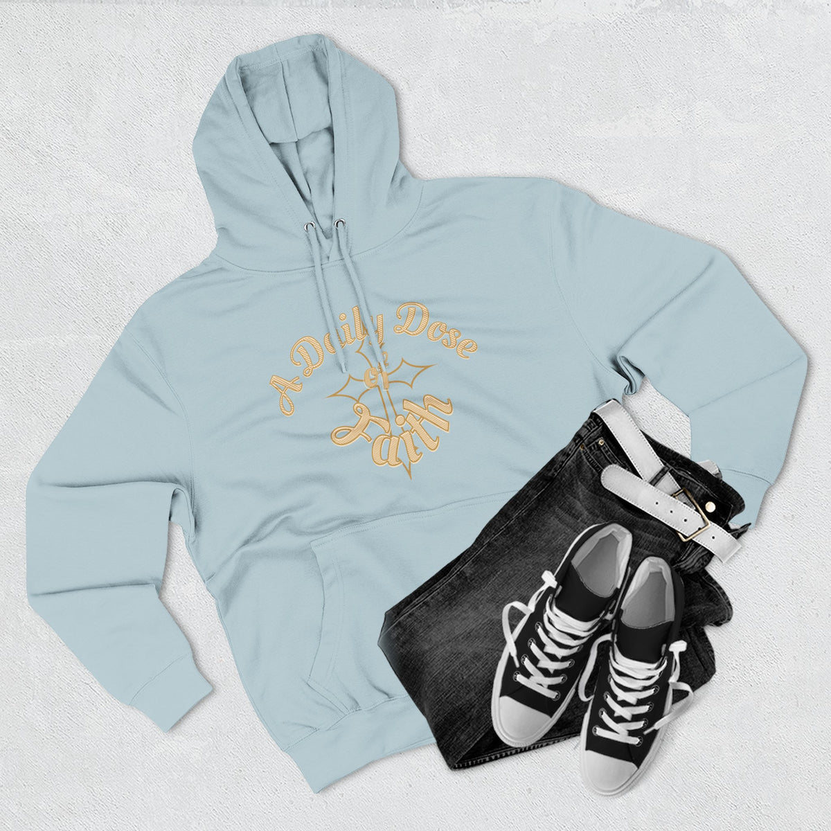 Faith Script Fleece Hoodie — "A Daily Dose of Faith" Gold Script, Back "He Is Always Faithful"