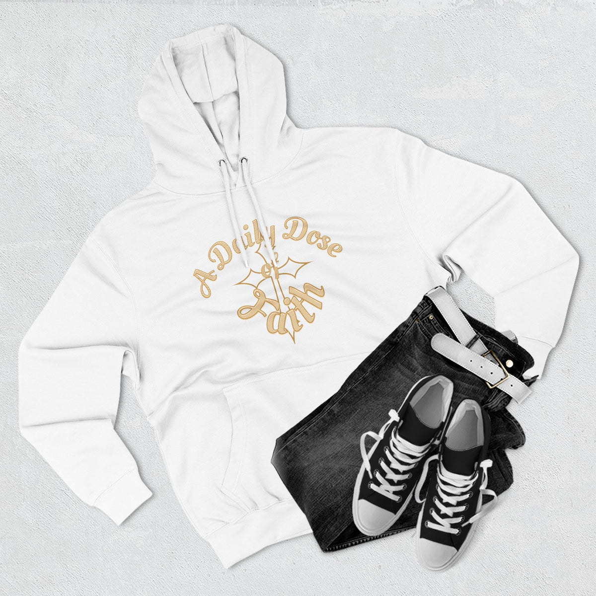 Faith Script Fleece Hoodie — "A Daily Dose of Faith" Gold Script, Back "He Is Always Faithful"