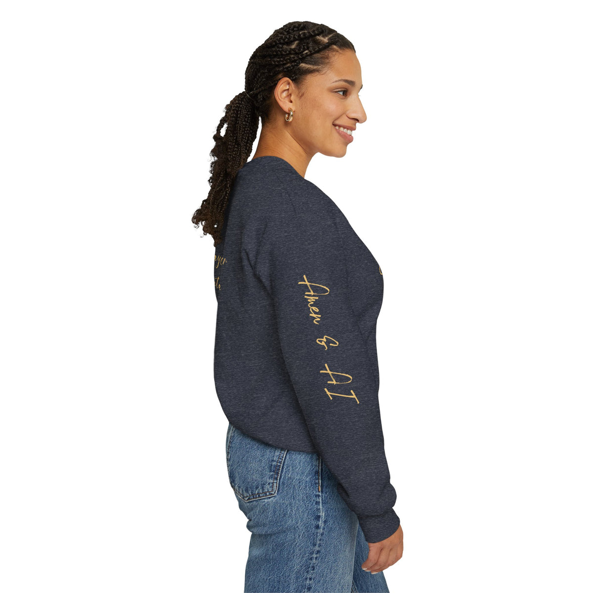 Christian AI Crewneck Sweatshirt - "Amen & AI" Gold Script, "Powered by Prayer, Driven by Data"