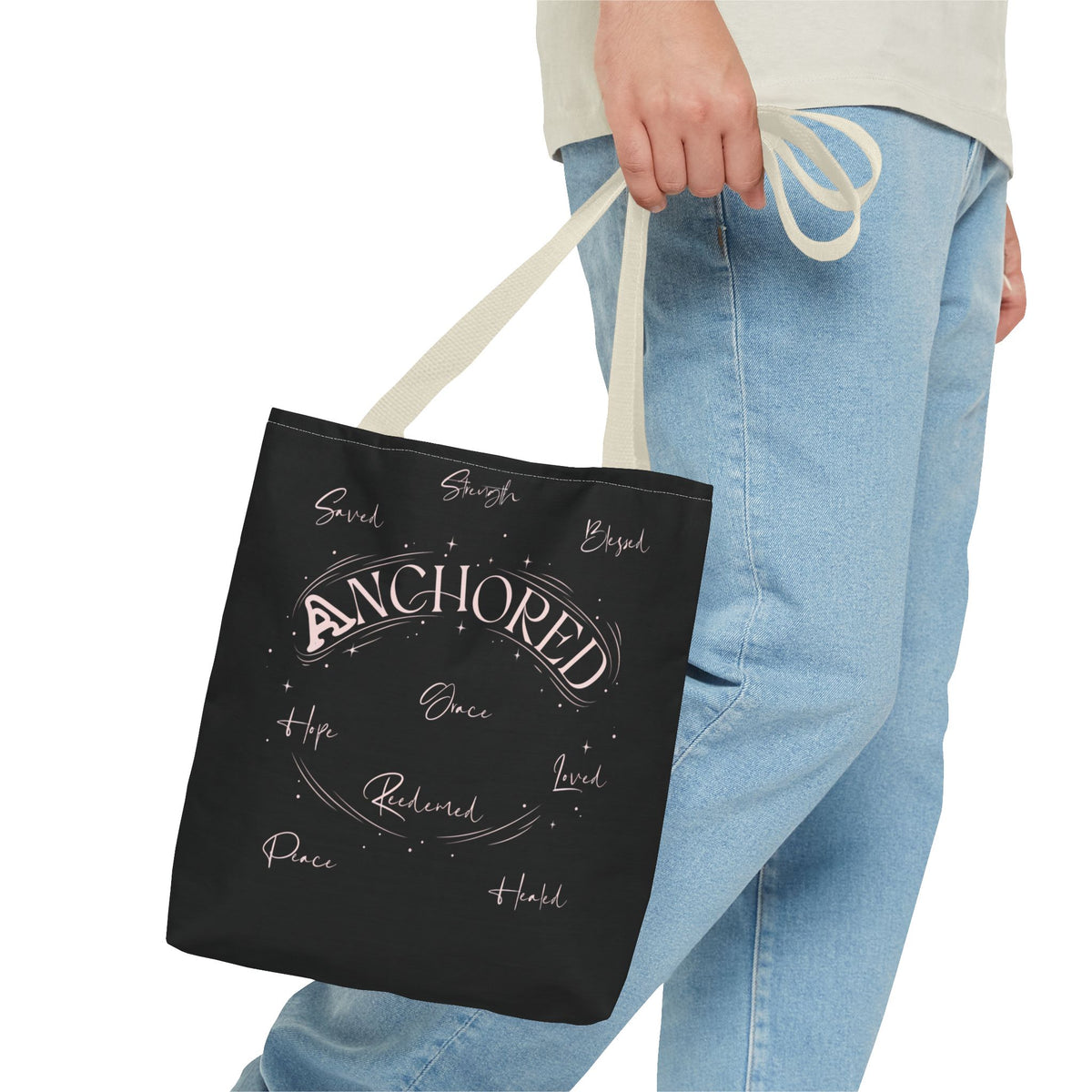 Anchored Inspirational Tote Bag — 'Anchored' Script Design